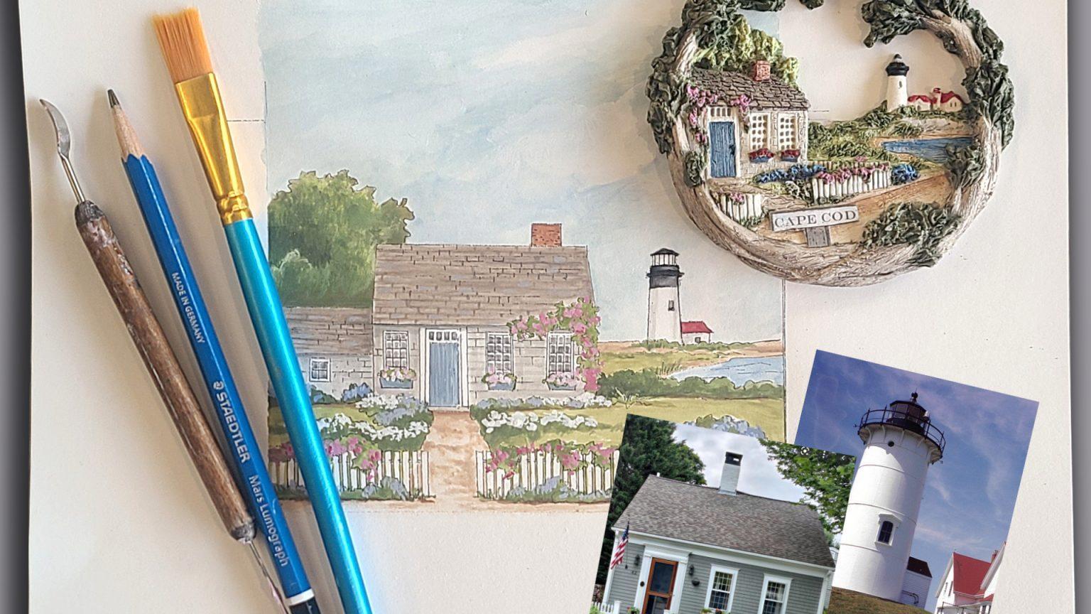 Hestia's creative process showing reference photos, original watercolor artwork in progress, artist tools, and a finished Cape Cod keepsake ornament, illustrating the journey from inspiration to handcrafted product.